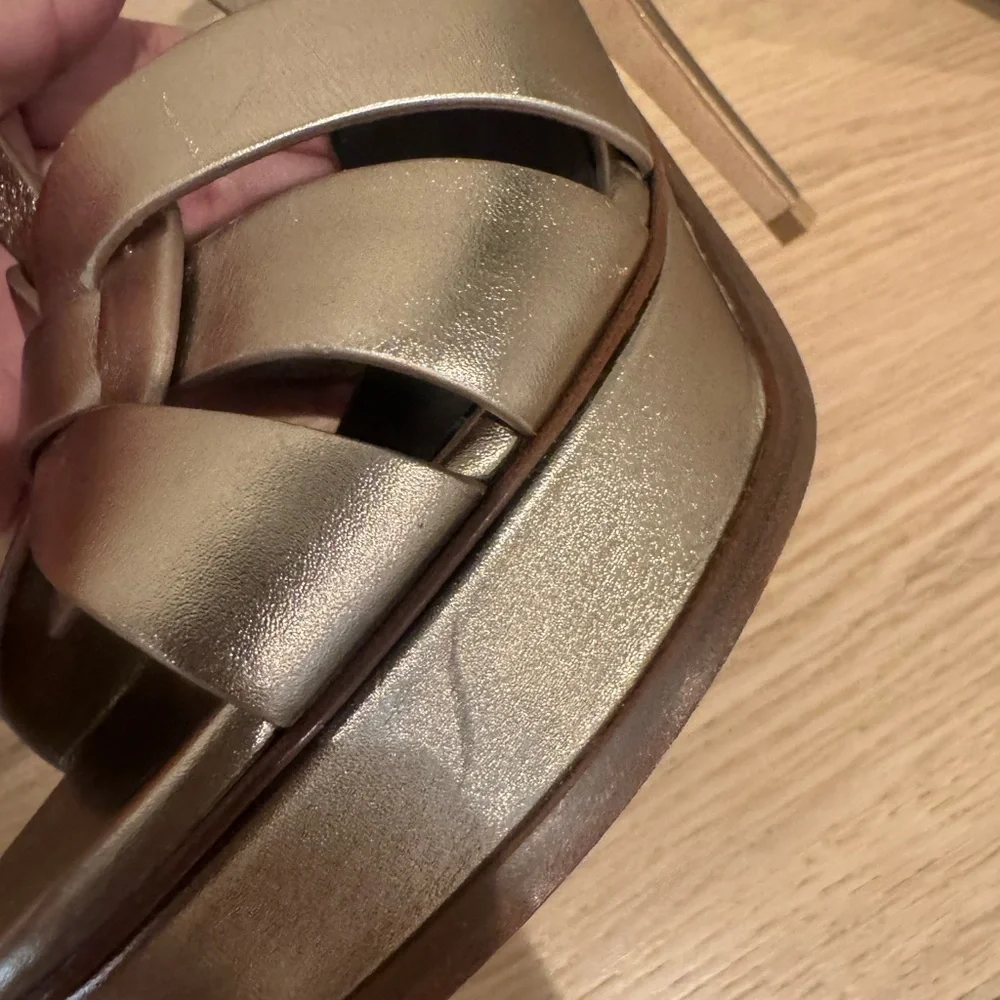 Saint Laurent Metallic Bronze Braided T-Strap Platform Sandals - Picture 5 of 16